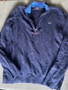 Vineyard Vines Men's Half-Zip Sweater in Navy with Light Blue Trim